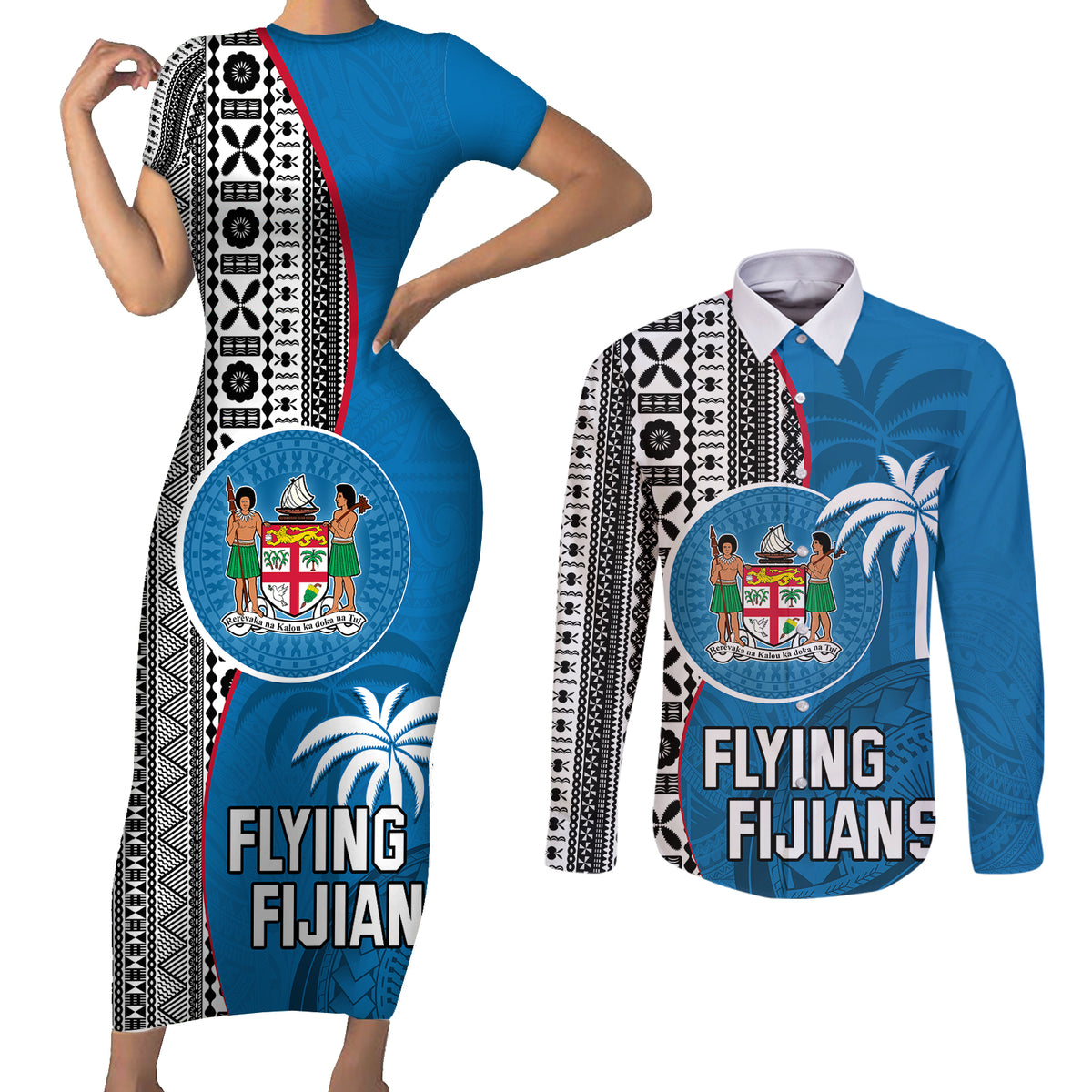 custom-fiji-rugby-couples-matching-short-sleeve-bodycon-dress-and-long-sleeve-button-shirts-coat-of-arms-palm-tree-mix-polynesia-tapa-pattern
