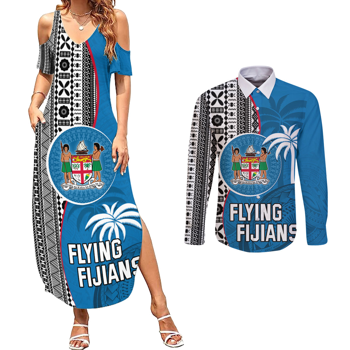 custom-fiji-rugby-couples-matching-summer-maxi-dress-and-long-sleeve-button-shirts-coat-of-arms-palm-tree-mix-polynesia-tapa-pattern