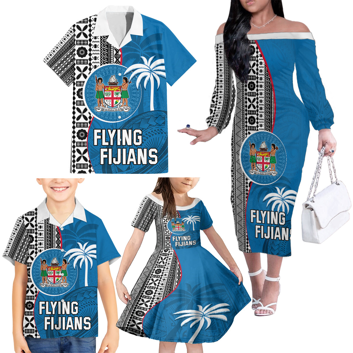 custom-fiji-rugby-family-matching-off-shoulder-long-sleeve-dress-and-hawaiian-shirt-coat-of-arms-palm-tree-mix-polynesia-tapa-pattern