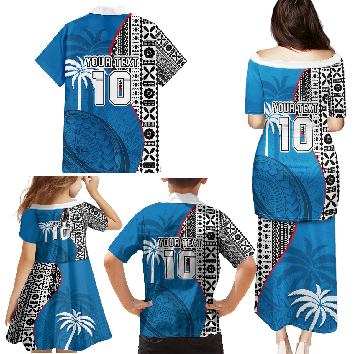 Custom Fiji Rugby Family Matching Puletasi Dress and Hawaiian Shirt Coat of Arms Palm Tree Mix Polynesia Tapa Pattern LT03 - Polynesian Pride