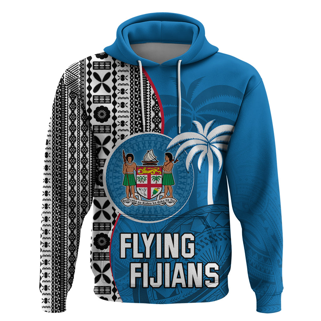 Custom Fiji Rugby Hoodie Coat of Arms Palm Tree Mix Polynesia Tapa Pattern LT03 Pullover Hoodie Blue - Polynesian Pride