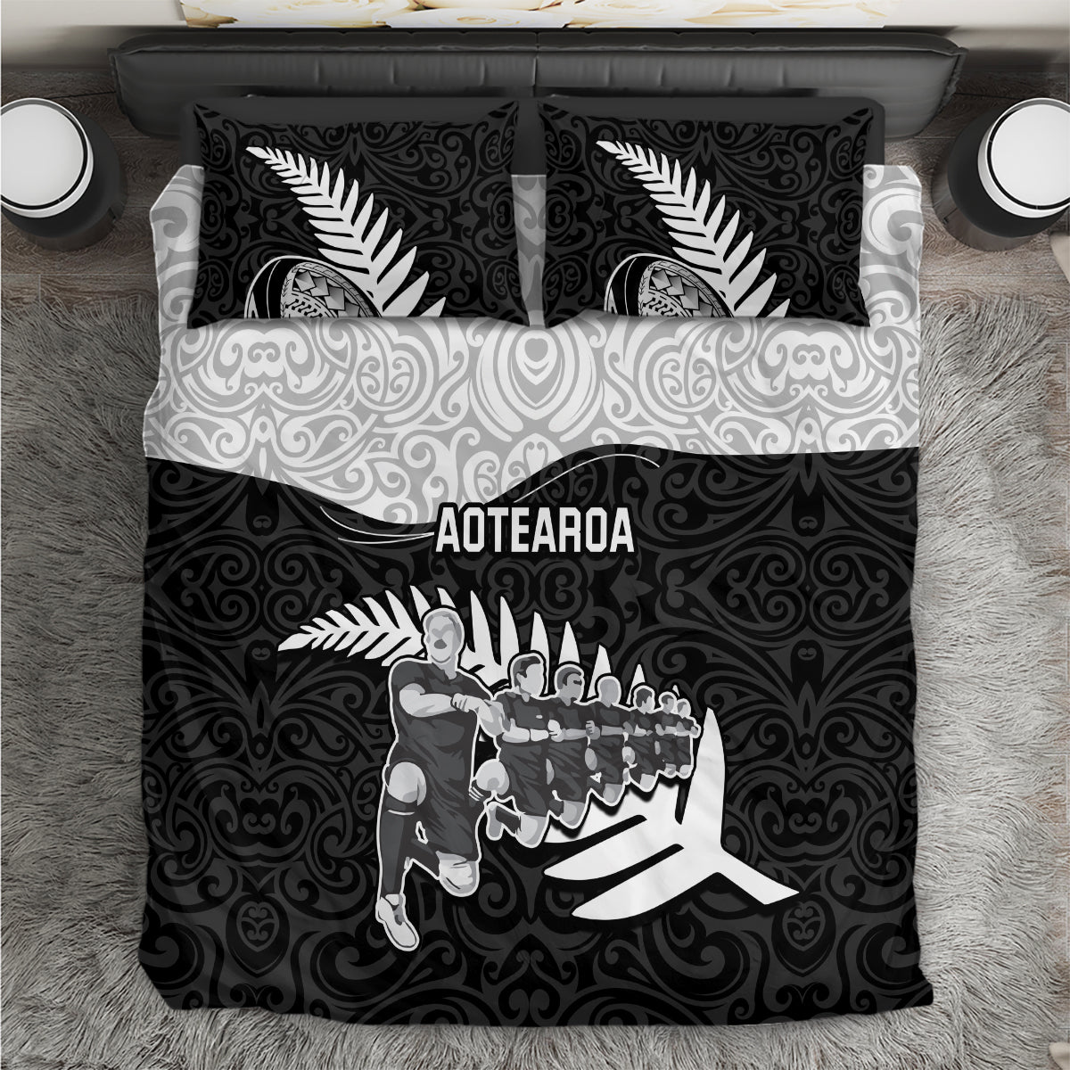 New Zealand World Cup 2023 Bedding Set Aotearoa Haka Rugby with Silver Fern Maori Ethnic Pattern LT03 Black - Polynesian Pride