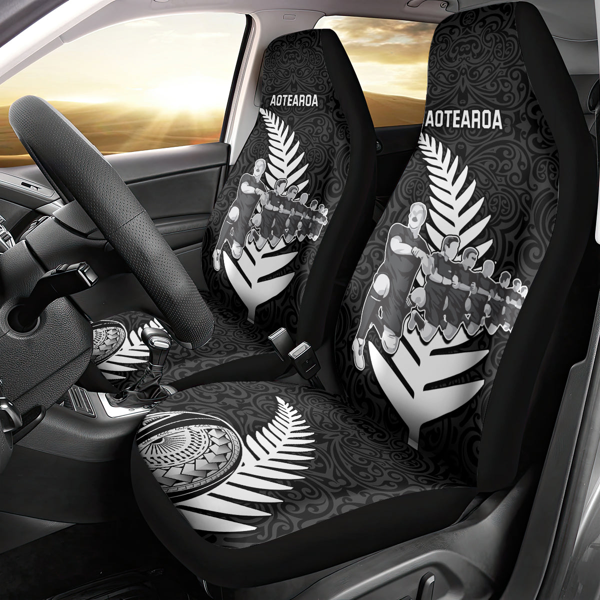 New Zealand World Cup 2023 Car Seat Cover Aotearoa Haka Rugby with Silver Fern Maori Ethnic Pattern LT03 - Polynesian Pride
