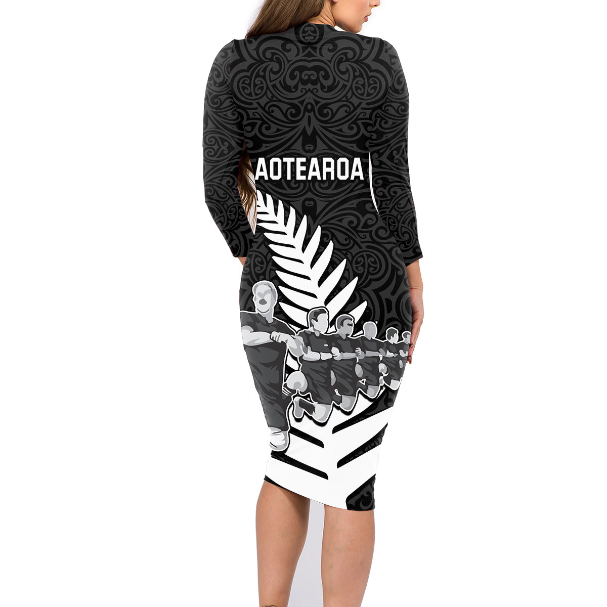 New Zealand World Cup 2023 Family Matching Long Sleeve Bodycon Dress and Hawaiian Shirt Aotearoa Haka Rugby with Silver Fern Maori Ethnic Pattern LT03 - Polynesian Pride