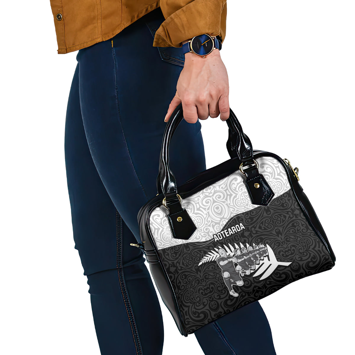 New Zealand World Cup 2023 Shoulder Handbag Aotearoa Haka Rugby with Silver Fern Maori Ethnic Pattern LT03 - Polynesian Pride
