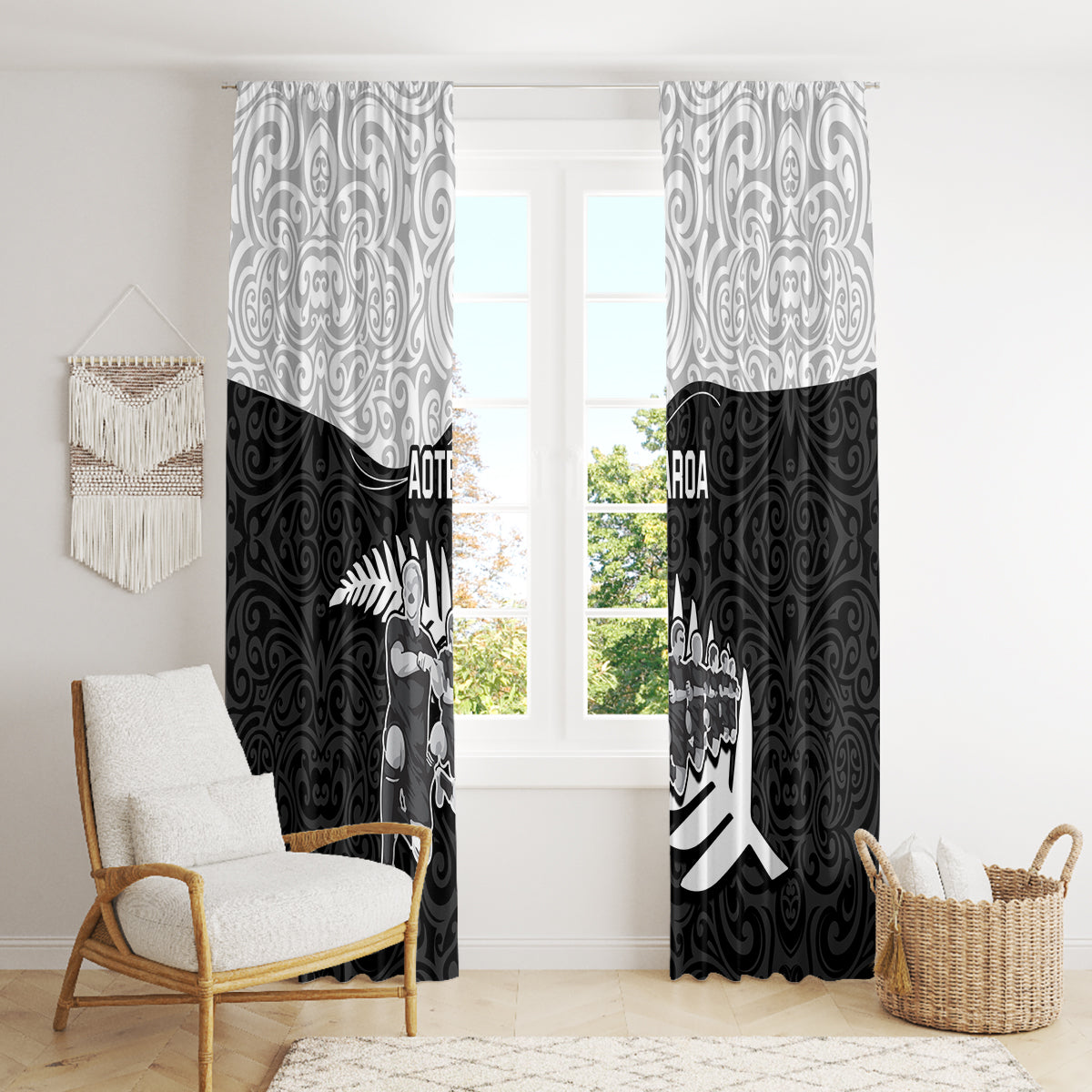 New Zealand World Cup 2023 Window Curtain Aotearoa Haka Rugby with Silver Fern Maori Ethnic Pattern LT03 - Polynesian Pride