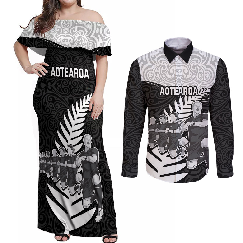 Custom New Zealand World Cup 2023 Couples Matching Off Shoulder Maxi Dress and Long Sleeve Button Shirt Aotearoa Haka Rugby with Silver Fern Maori Ethnic Pattern LT03 Black - Polynesian Pride