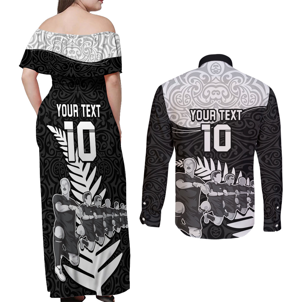Custom New Zealand World Cup 2023 Couples Matching Off Shoulder Maxi Dress and Long Sleeve Button Shirt Aotearoa Haka Rugby with Silver Fern Maori Ethnic Pattern LT03 - Polynesian Pride