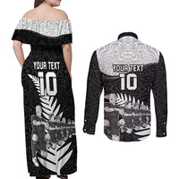 Custom New Zealand World Cup 2023 Couples Matching Off Shoulder Maxi Dress and Long Sleeve Button Shirt Aotearoa Haka Rugby with Silver Fern Maori Ethnic Pattern LT03 - Polynesian Pride