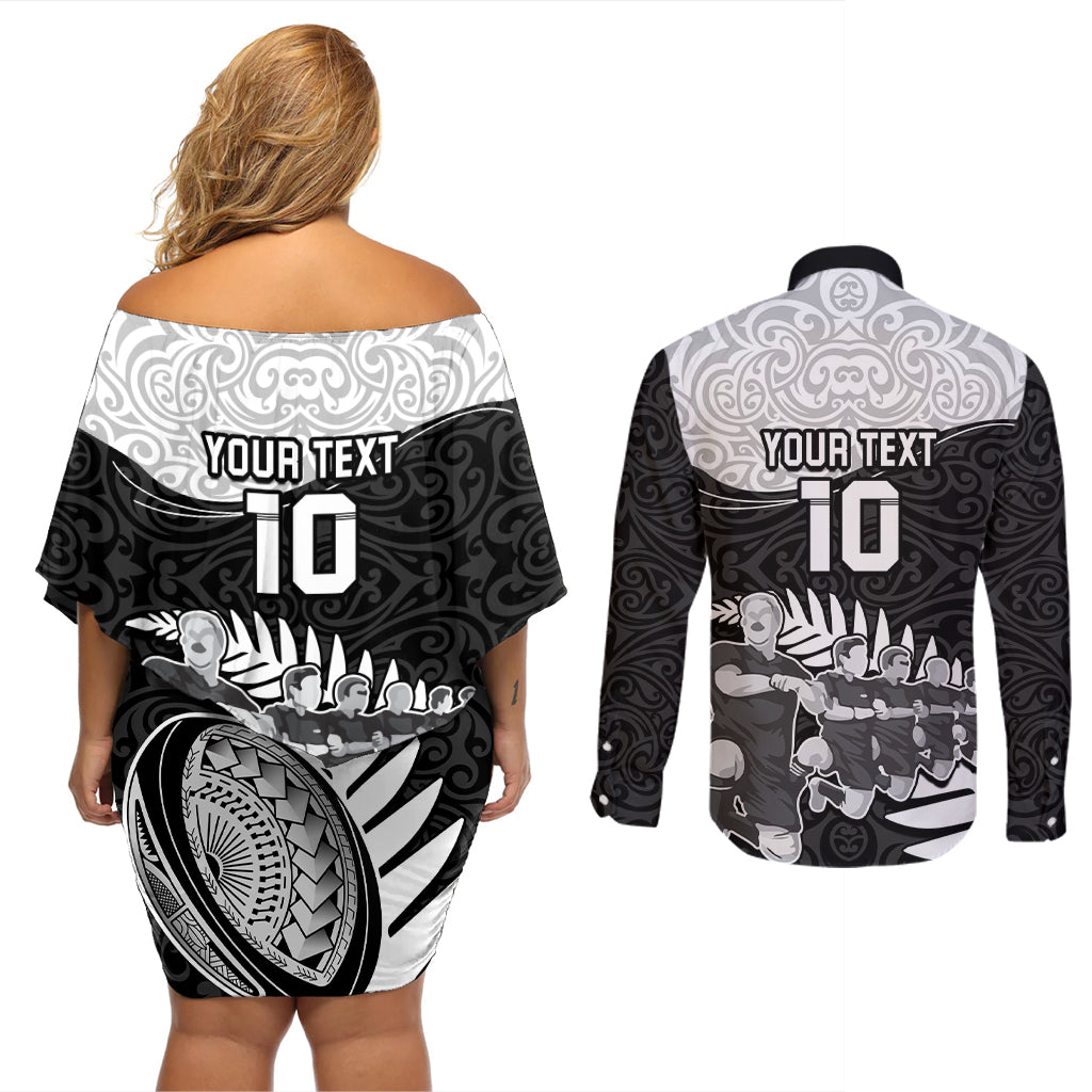 Custom New Zealand World Cup 2023 Couples Matching Off Shoulder Short Dress and Long Sleeve Button Shirt Aotearoa Haka Rugby with Silver Fern Maori Ethnic Pattern LT03 - Polynesian Pride