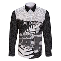 Custom New Zealand World Cup 2023 Family Matching Off Shoulder Long Sleeve Dress and Hawaiian Shirt Aotearoa Haka Rugby with Silver Fern Maori Ethnic Pattern LT03 Dad's Shirt - Long Sleeve Black - Polynesian Pride