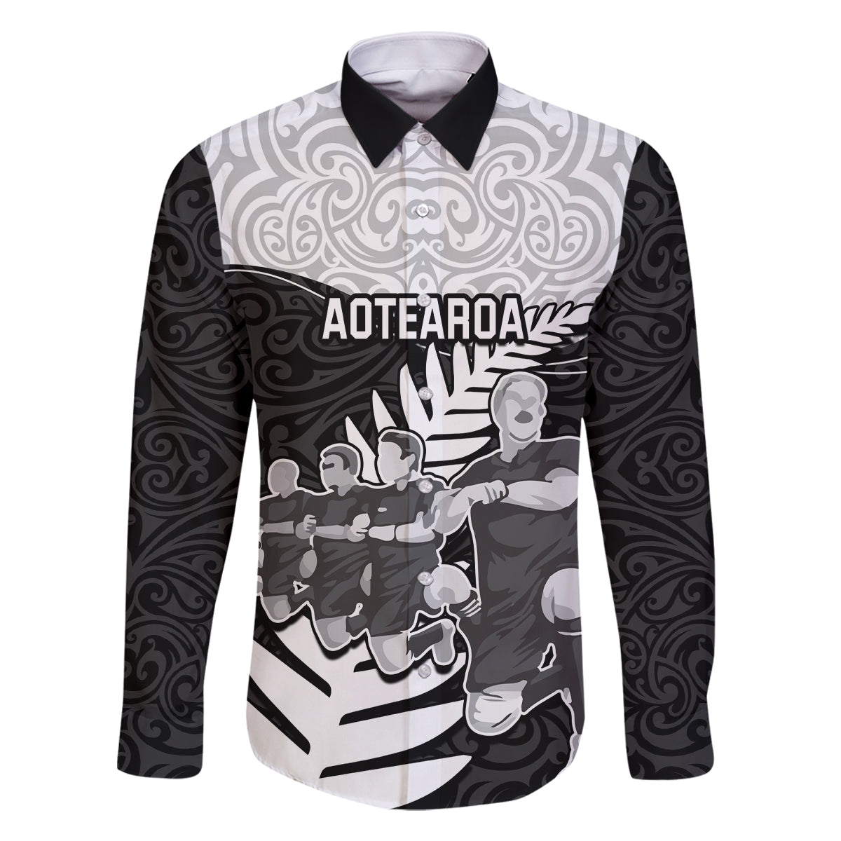 Custom New Zealand World Cup 2023 Family Matching Off Shoulder Maxi Dress and Hawaiian Shirt Aotearoa Haka Rugby with Silver Fern Maori Ethnic Pattern LT03 Dad's Shirt - Long Sleeve Black - Polynesian Pride