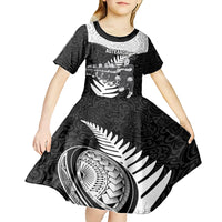 Custom New Zealand World Cup 2023 Kid Short Sleeve Dress Aotearoa Haka Rugby with Silver Fern Maori Ethnic Pattern LT03 - Polynesian Pride