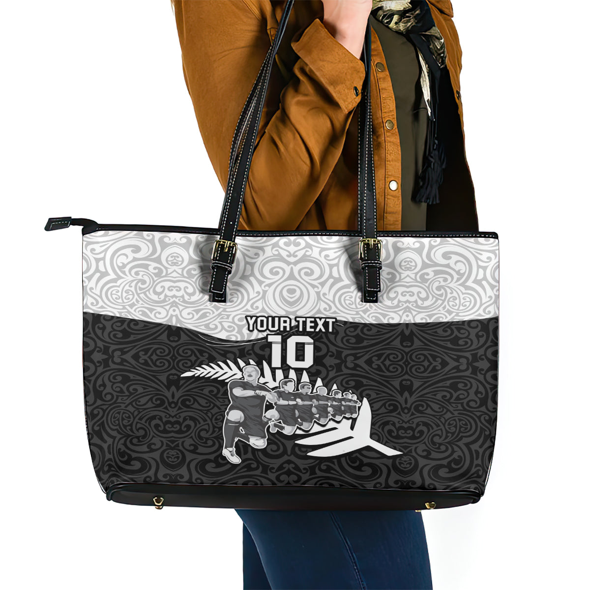 Custom New Zealand World Cup 2023 Leather Tote Bag Aotearoa Haka Rugby with Silver Fern Maori Ethnic Pattern LT03 - Polynesian Pride
