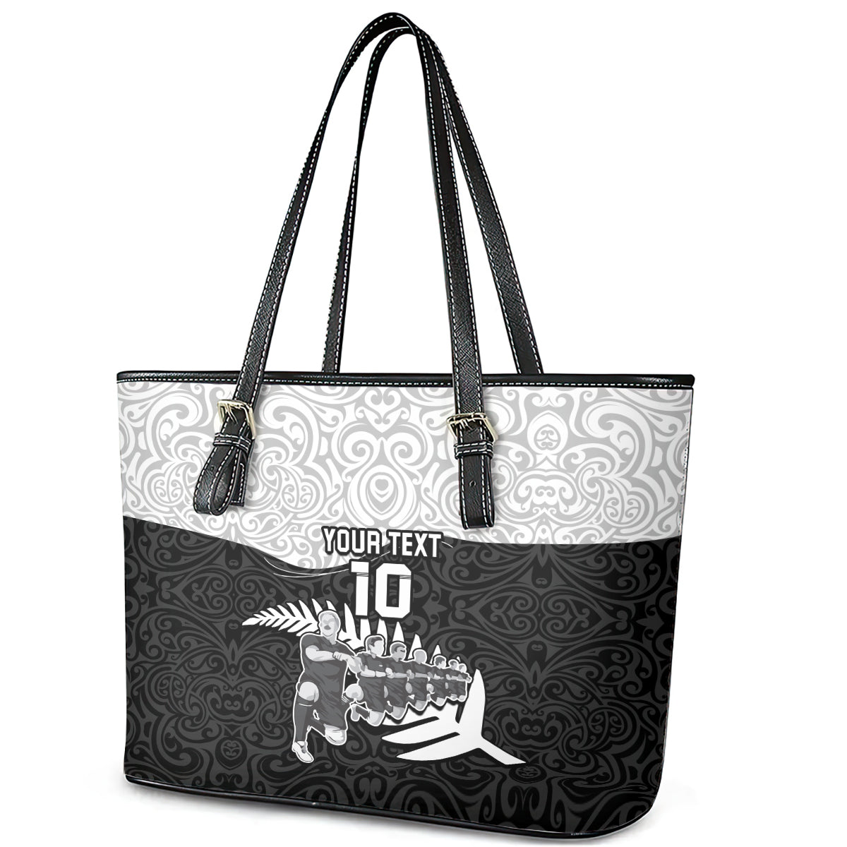 Custom New Zealand World Cup 2023 Leather Tote Bag Aotearoa Haka Rugby with Silver Fern Maori Ethnic Pattern LT03 - Polynesian Pride