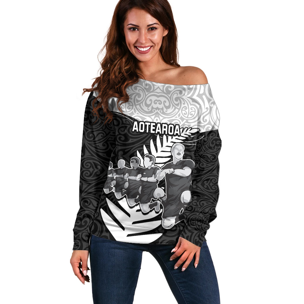 Custom New Zealand World Cup 2023 Off Shoulder Sweater Aotearoa Haka Rugby with Silver Fern Maori Ethnic Pattern LT03 Women Black - Polynesian Pride