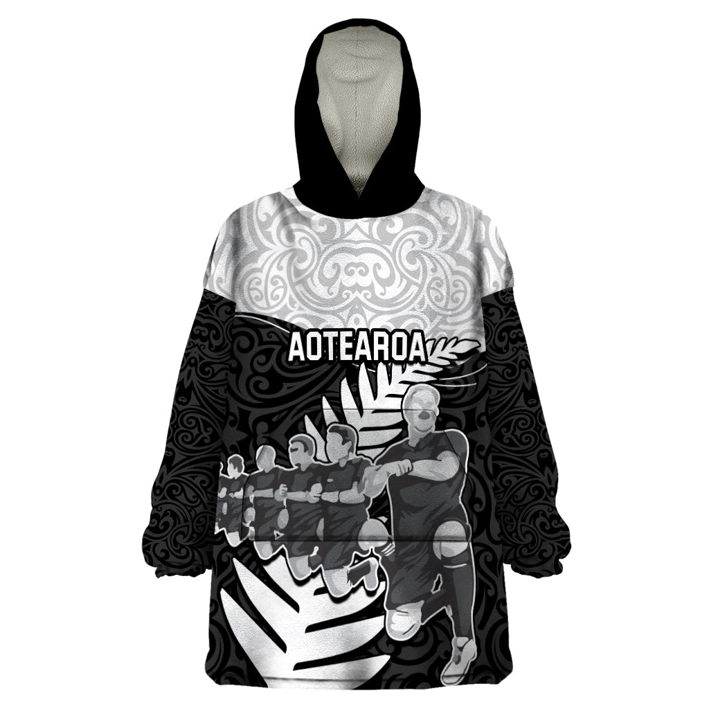 Custom New Zealand World Cup 2023 Wearable Blanket Hoodie Aotearoa Haka Rugby with Silver Fern Maori Ethnic Pattern LT03 One Size Black - Polynesian Pride