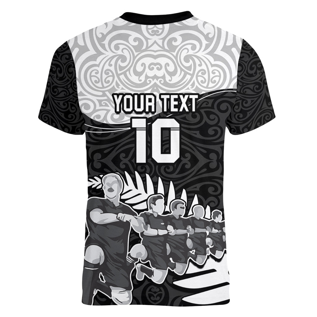 Custom New Zealand World Cup 2023 Women V Neck T Shirt Aotearoa Haka Rugby with Silver Fern Maori Ethnic Pattern LT03 - Polynesian Pride