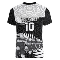 Custom New Zealand World Cup 2023 Women V Neck T Shirt Aotearoa Haka Rugby with Silver Fern Maori Ethnic Pattern LT03 - Polynesian Pride