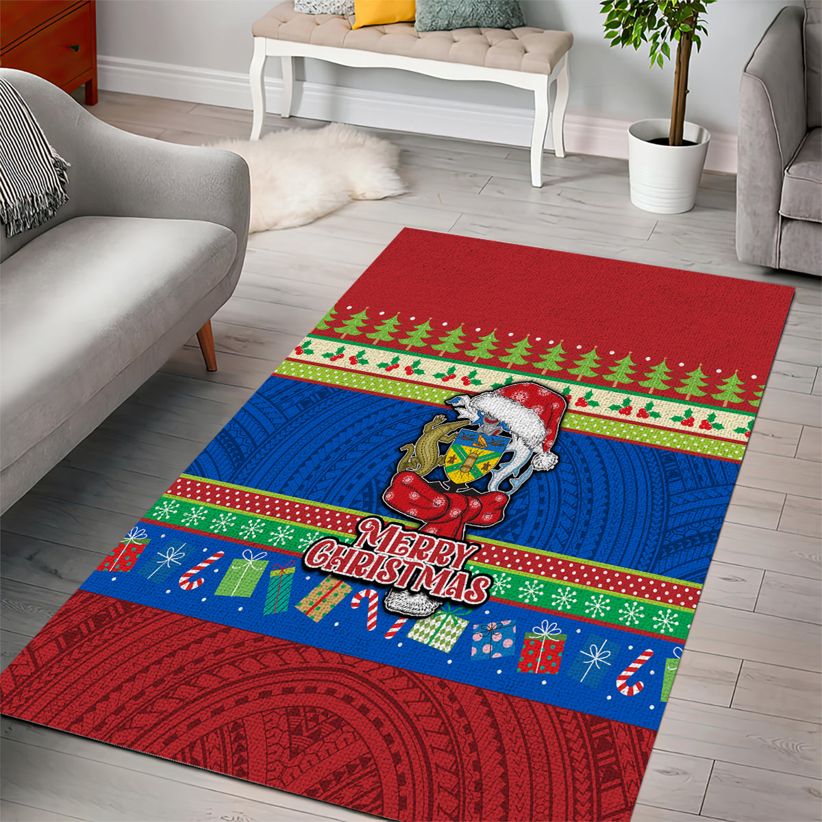 Solomon Islands Christmas Area Rug Santa With Flag Of Solomon Polynesian Tribal Xmas Vibe LT03 - Polynesian Pride