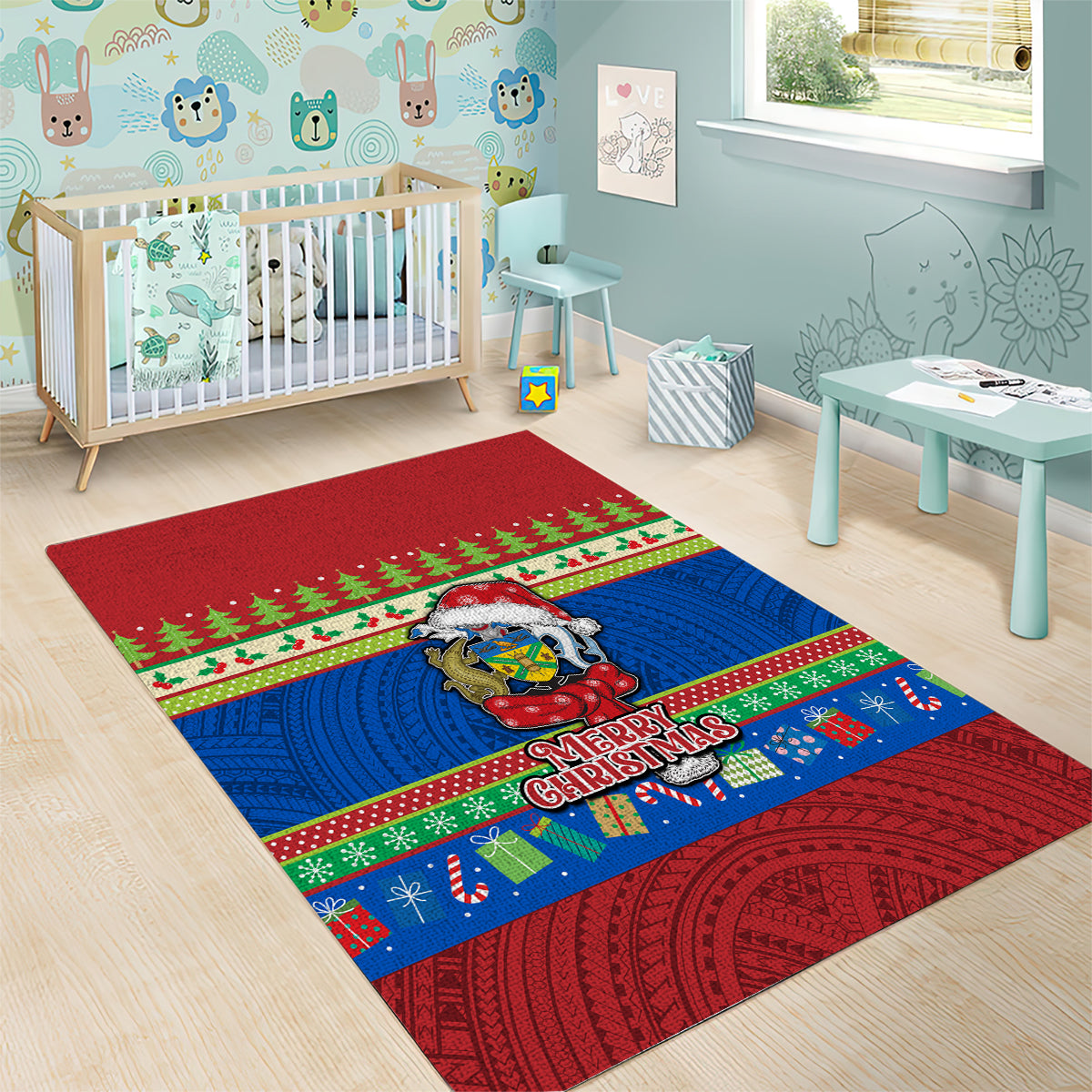 Solomon Islands Christmas Area Rug Santa With Flag Of Solomon Polynesian Tribal Xmas Vibe LT03 - Polynesian Pride