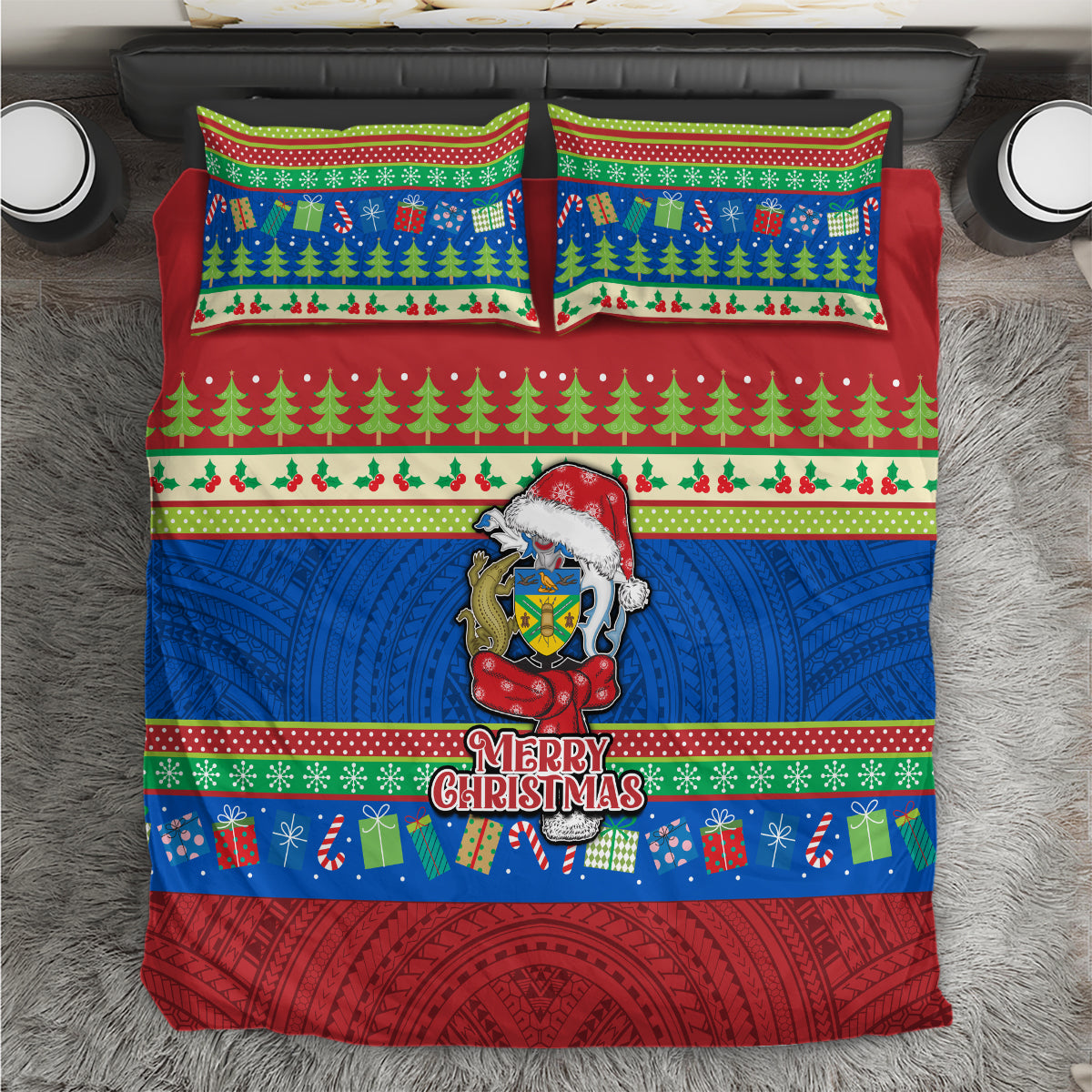 Solomon Islands Christmas Bedding Set Santa With Flag Of Solomon Polynesian Tribal Xmas Vibe LT03 Blue - Polynesian Pride
