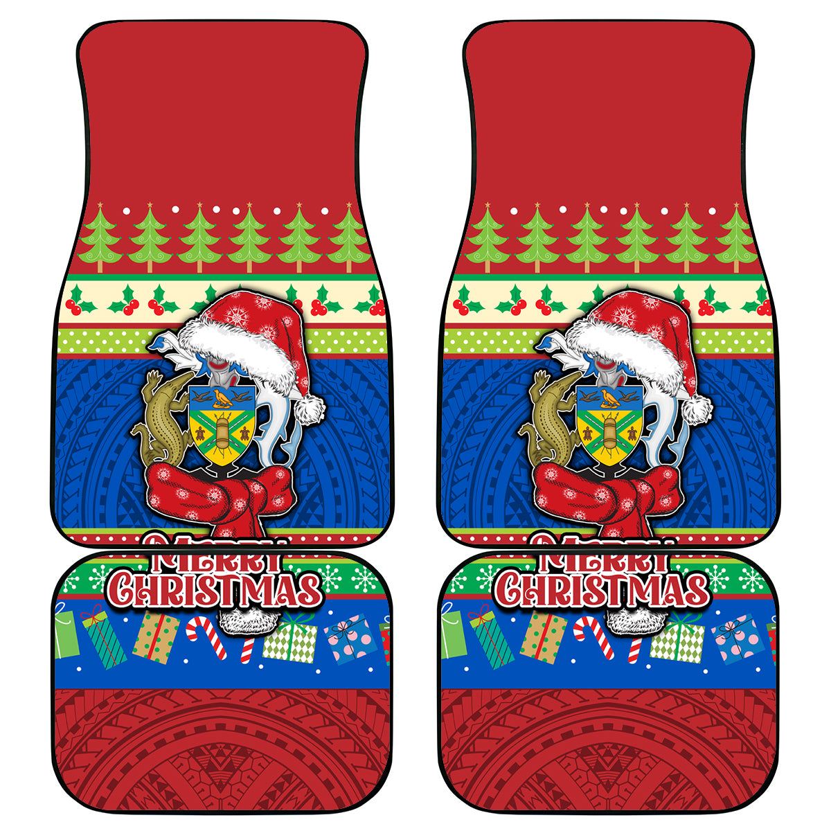 Solomon Islands Christmas Car Mats Santa With Flag Of Solomon Polynesian Tribal Xmas Vibe LT03 Blue - Polynesian Pride