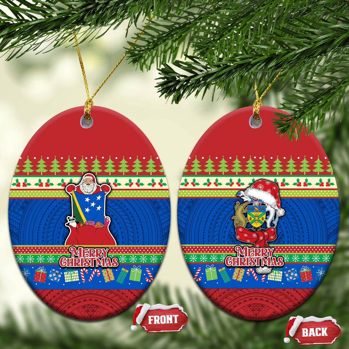 Solomon Islands Christmas Ceramic Ornament Santa With Flag Of Solomon Polynesian Tribal Xmas Vibe LT03 Oval Blue - Polynesian Pride