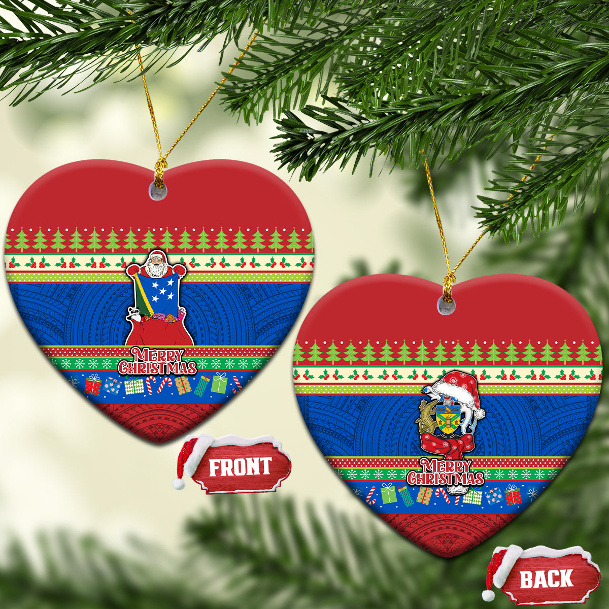 Solomon Islands Christmas Ceramic Ornament Santa With Flag Of Solomon Polynesian Tribal Xmas Vibe LT03 Heart Blue - Polynesian Pride