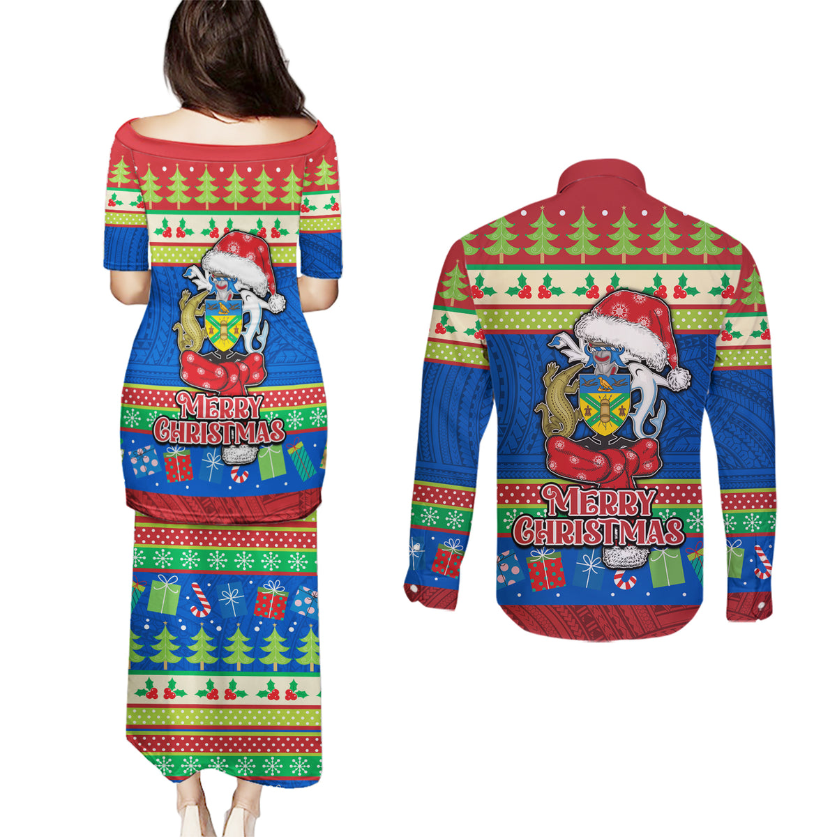 Solomon Islands Christmas Couples Matching Puletasi Dress and Long Sleeve Button Shirt Santa With Flag Of Solomon Polynesian Tribal Xmas Vibe LT03 - Polynesian Pride