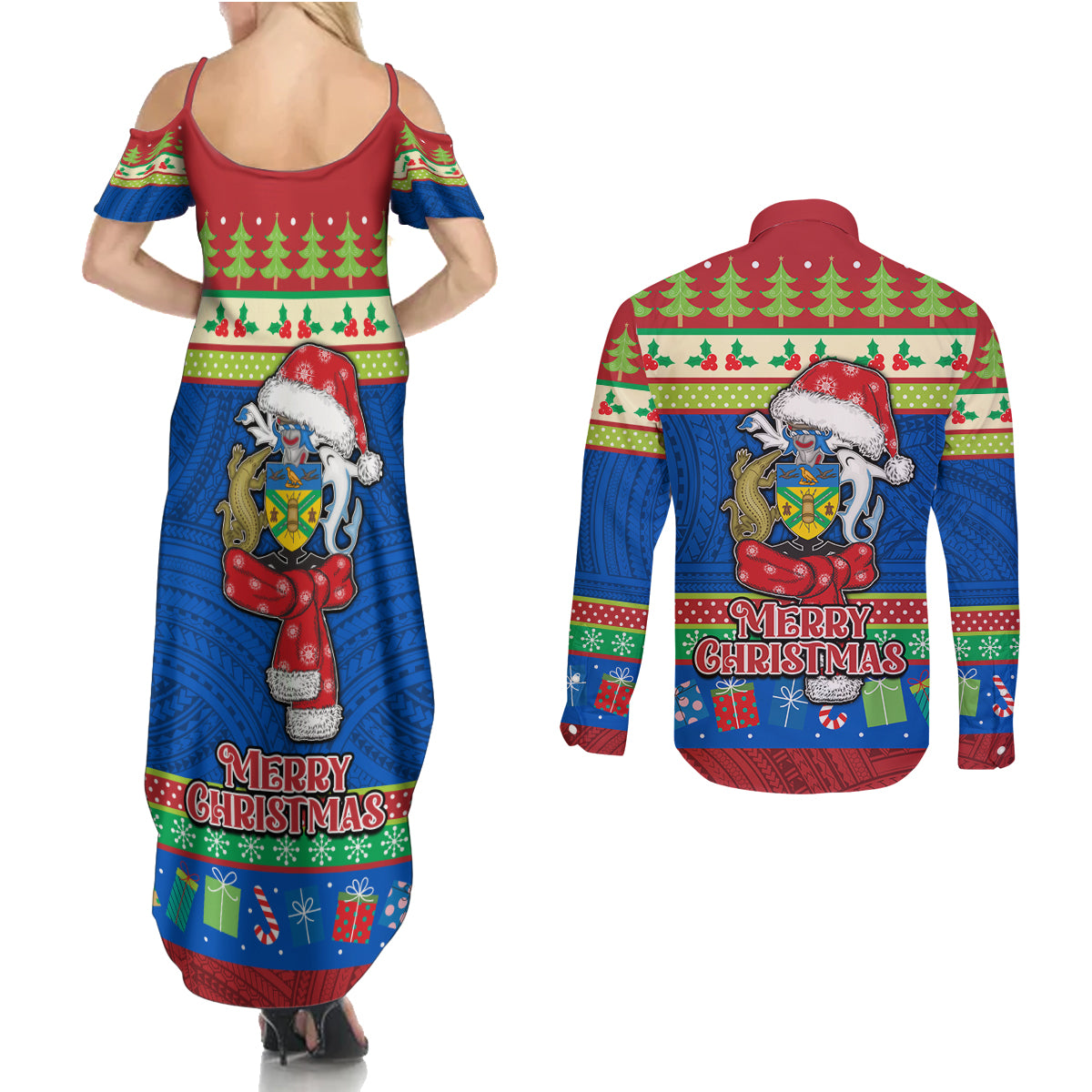 Solomon Islands Christmas Couples Matching Summer Maxi Dress and Long Sleeve Button Shirt Santa With Flag Of Solomon Polynesian Tribal Xmas Vibe LT03 - Polynesian Pride