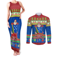 Solomon Islands Christmas Couples Matching Tank Maxi Dress and Long Sleeve Button Shirt Santa With Flag Of Solomon Polynesian Tribal Xmas Vibe LT03 Blue - Polynesian Pride