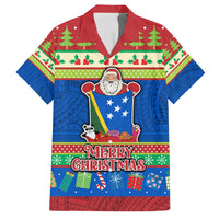 Solomon Islands Christmas Family Matching Off Shoulder Long Sleeve Dress and Hawaiian Shirt Santa With Flag Of Solomon Polynesian Tribal Xmas Vibe LT03 Dad's Shirt - Short Sleeve Blue - Polynesian Pride