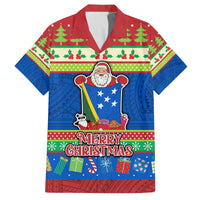 Solomon Islands Christmas Family Matching Off Shoulder Maxi Dress and Hawaiian Shirt Santa With Flag Of Solomon Polynesian Tribal Xmas Vibe LT03 Dad's Shirt - Short Sleeve Blue - Polynesian Pride