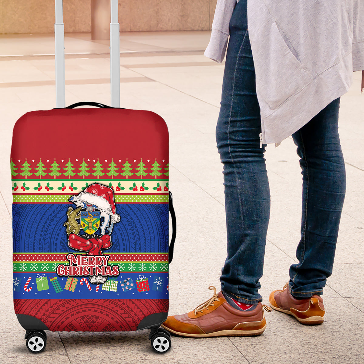 Solomon Islands Christmas Luggage Cover Santa With Flag Of Solomon Polynesian Tribal Xmas Vibe LT03 Blue - Polynesian Pride