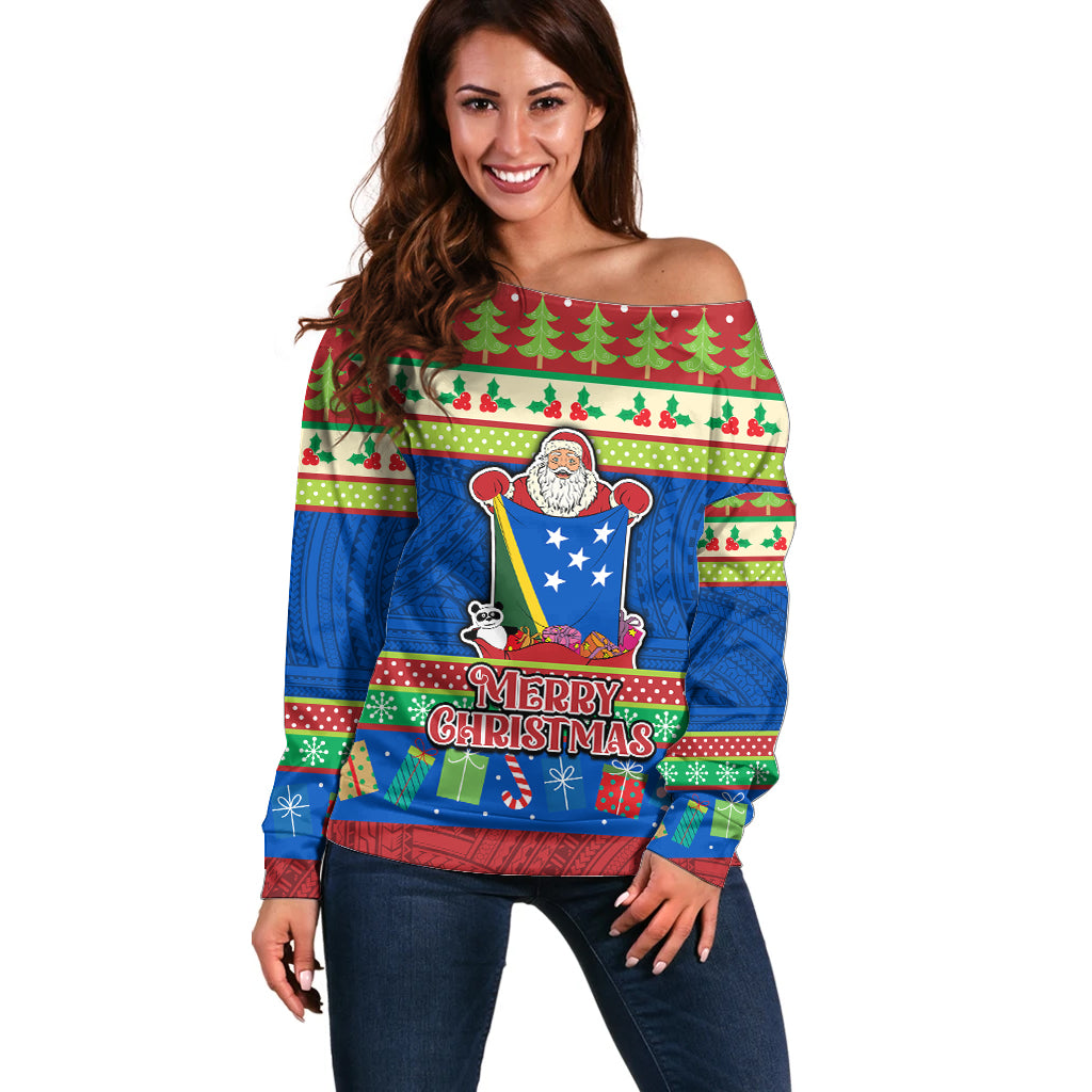 Solomon Islands Christmas Off Shoulder Sweater Santa With Flag Of Solomon Polynesian Tribal Xmas Vibe LT03 Women Blue - Polynesian Pride