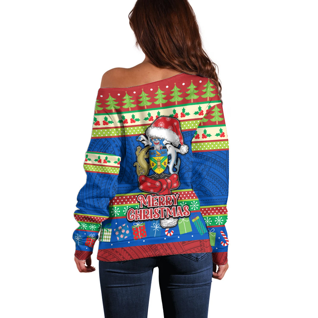 Solomon Islands Christmas Off Shoulder Sweater Santa With Flag Of Solomon Polynesian Tribal Xmas Vibe LT03 - Polynesian Pride
