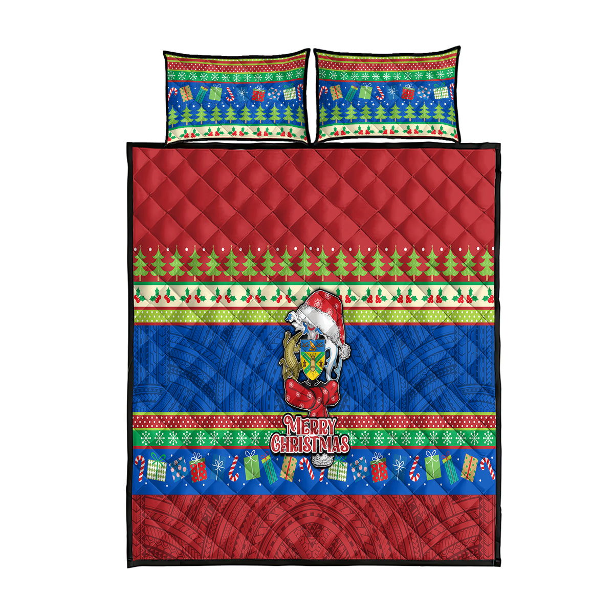 Solomon Islands Christmas Quilt Bed Set Santa With Flag Of Solomon Polynesian Tribal Xmas Vibe LT03 Blue - Polynesian Pride