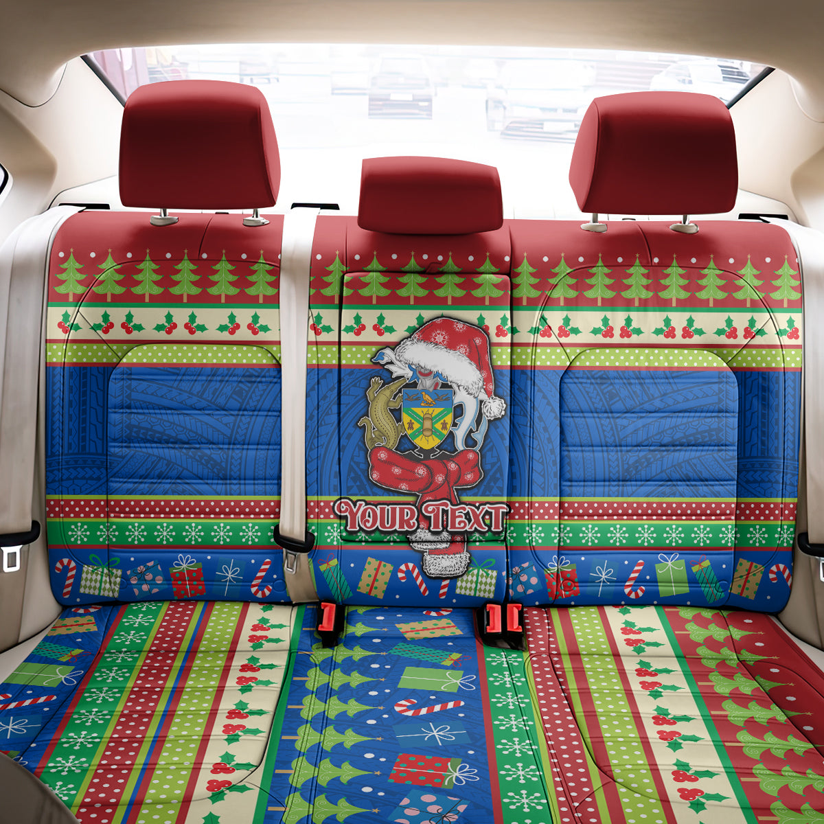 Personalised Solomon Islands Christmas Back Car Seat Cover Santa With Flag Of Solomon Polynesian Tribal Xmas Vibe