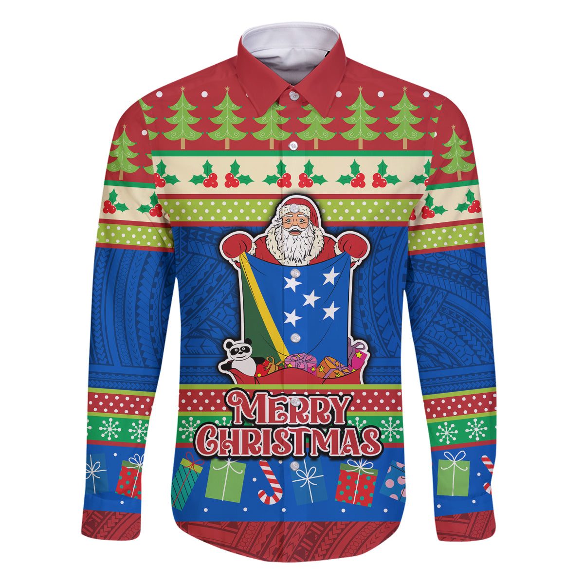 Personalised Solomon Islands Christmas Family Matching Off Shoulder Maxi Dress and Hawaiian Shirt Santa With Flag Of Solomon Polynesian Tribal Xmas Vibe LT03 Dad's Shirt - Long Sleeve Blue - Polynesian Pride
