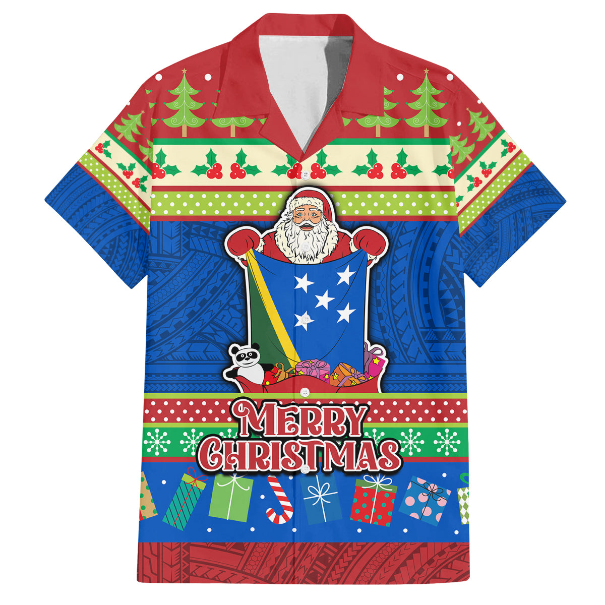 Personalised Solomon Islands Christmas Family Matching Off Shoulder Short Dress and Hawaiian Shirt Santa With Flag Of Solomon Polynesian Tribal Xmas Vibe LT03 Dad's Shirt - Short Sleeve Blue - Polynesian Pride