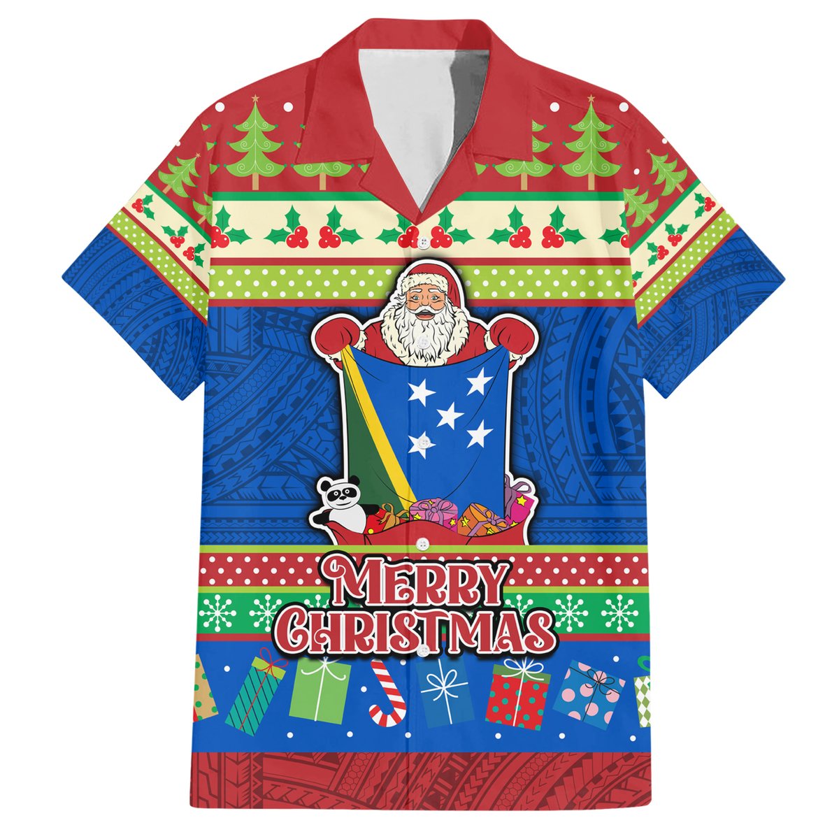 Personalised Solomon Islands Christmas Hawaiian Shirt Santa With Flag Of Solomon Polynesian Tribal Xmas Vibe LT03 Blue - Polynesian Pride