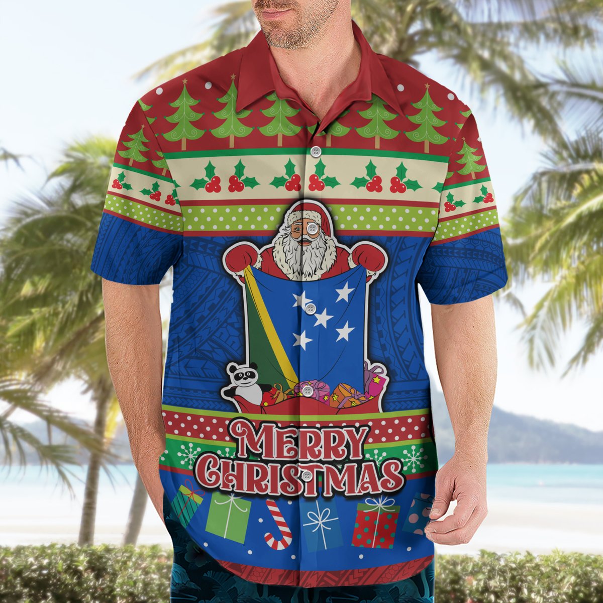 Personalised Solomon Islands Christmas Hawaiian Shirt Santa With Flag Of Solomon Polynesian Tribal Xmas Vibe LT03 - Polynesian Pride