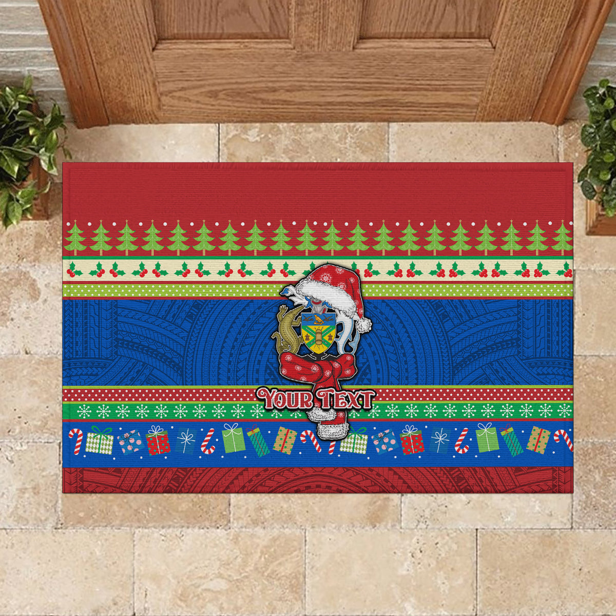 Personalised Solomon Islands Christmas Rubber Doormat Santa With Flag Of Solomon Polynesian Tribal Xmas Vibe LT03 - Polynesian Pride