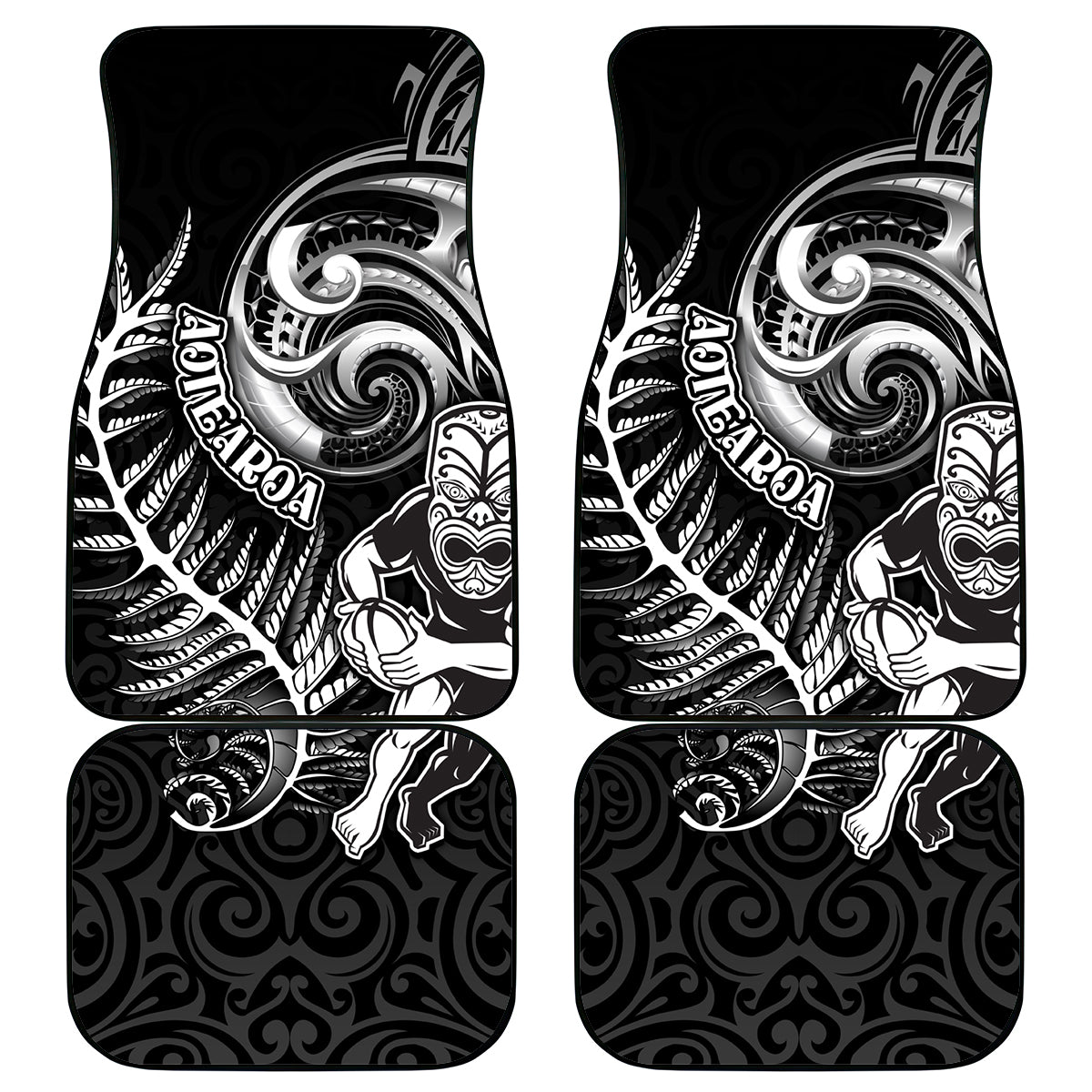 New Zealand Rugby Car Mats Maori Warrior Rugby with Silver Fern Sleeve Tribal Ethnic Style LT03 Black - Polynesian Pride