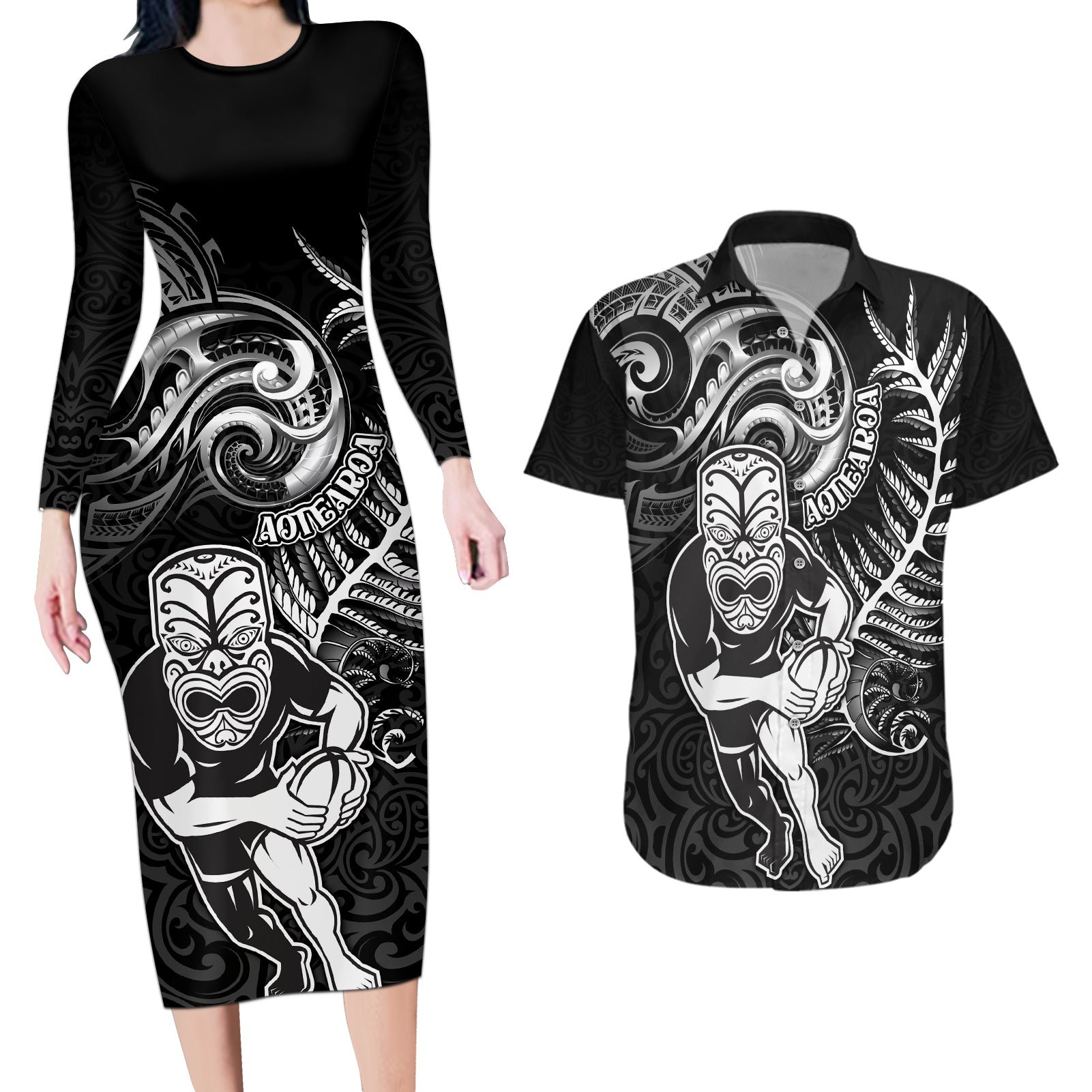 New Zealand Rugby Couples Matching Long Sleeve Bodycon Dress and Hawaiian Shirt Maori Warrior Rugby with Silver Fern Sleeve Tribal Ethnic Style LT03 Black - Polynesian Pride