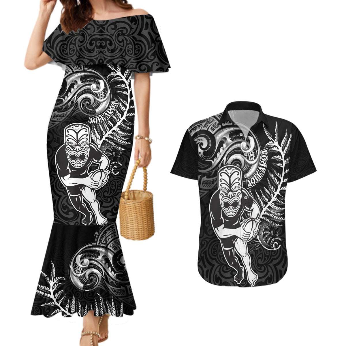 New Zealand Rugby Couples Matching Mermaid Dress and Hawaiian Shirt Maori Warrior Rugby with Silver Fern Sleeve Tribal Ethnic Style LT03 Black - Polynesian Pride