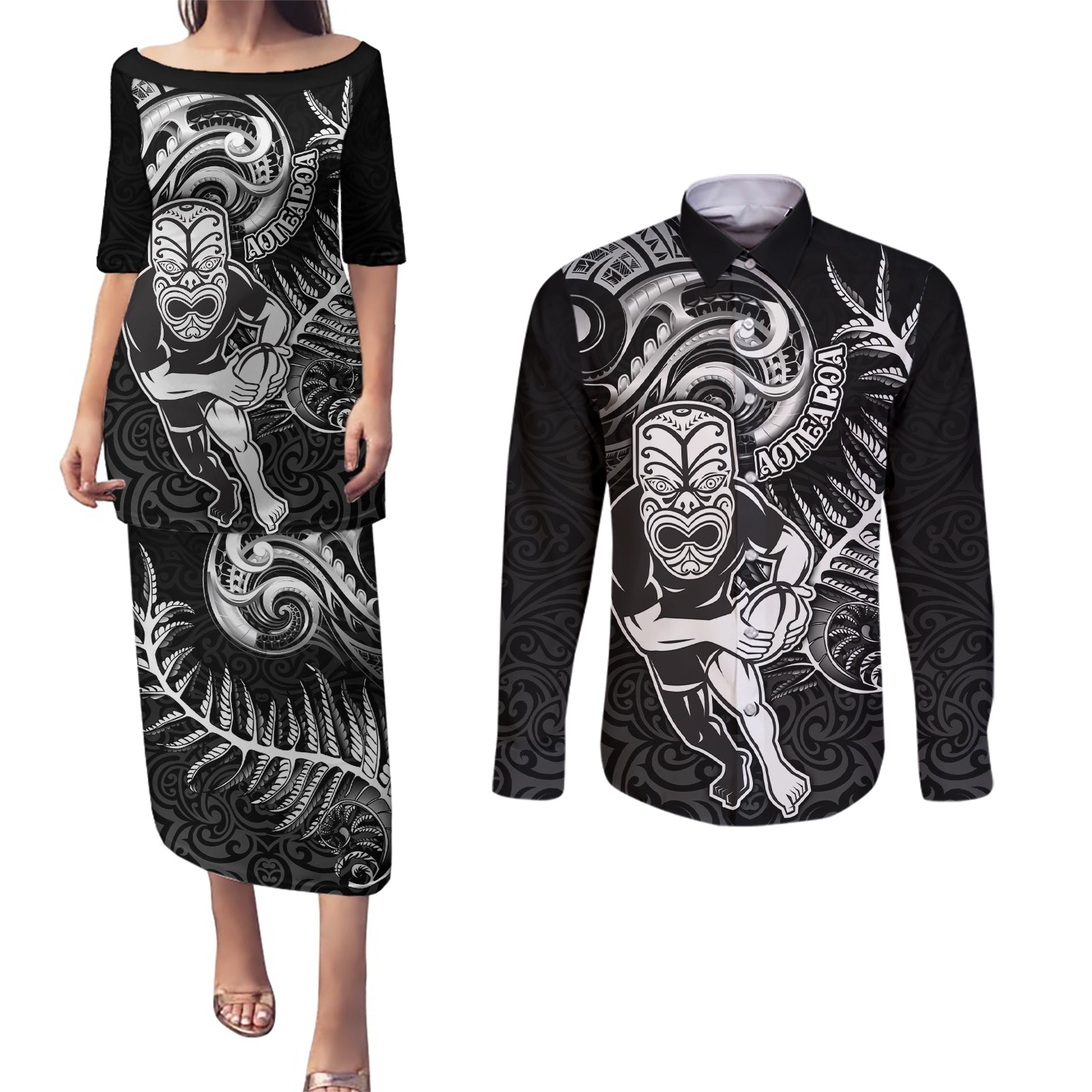 New Zealand Rugby Couples Matching Puletasi Dress and Long Sleeve Button Shirt Maori Warrior Rugby with Silver Fern Sleeve Tribal Ethnic Style LT03 Black - Polynesian Pride