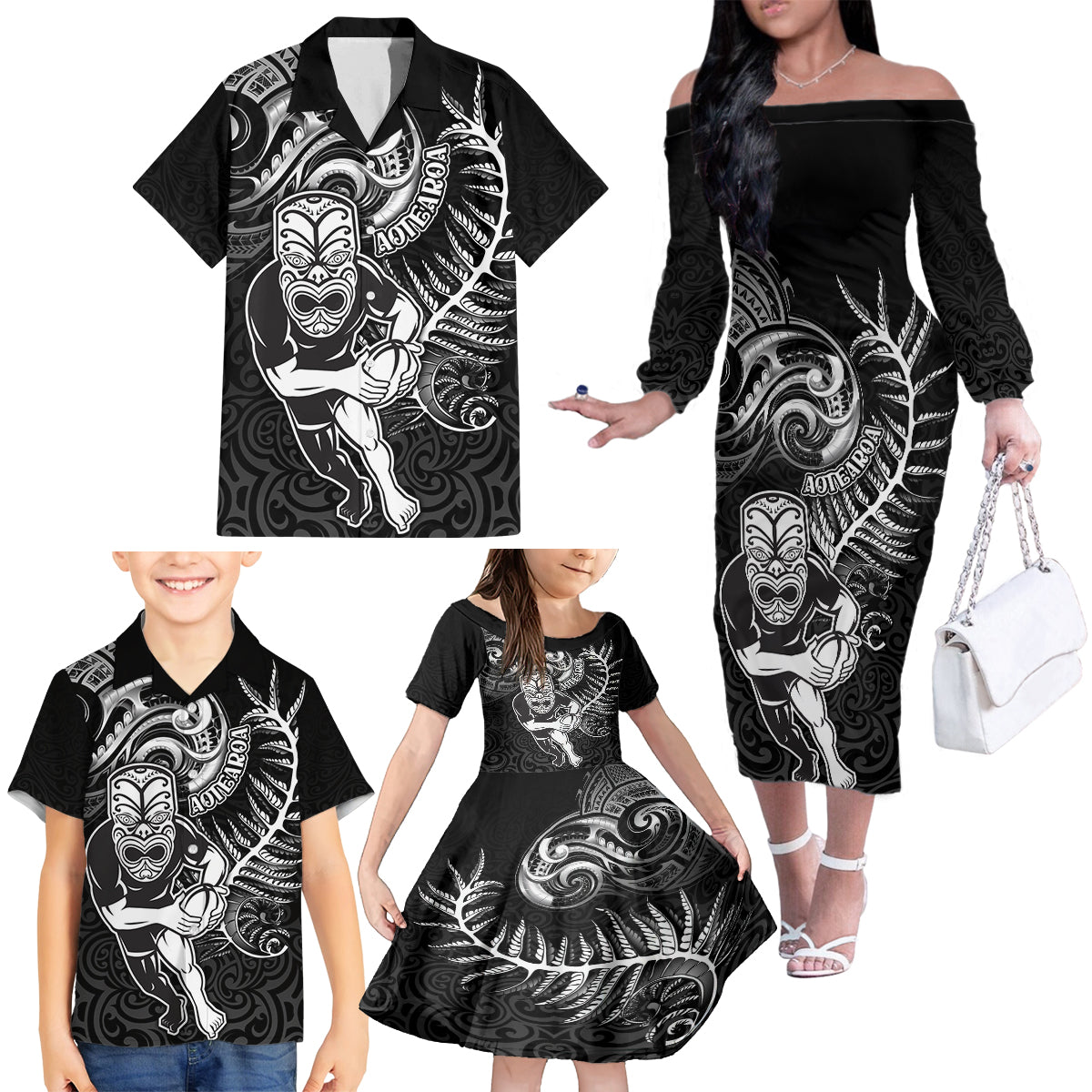 New Zealand Rugby Family Matching Off Shoulder Long Sleeve Dress and Hawaiian Shirt Maori Warrior Rugby with Silver Fern Sleeve Tribal Ethnic Style LT03 - Polynesian Pride