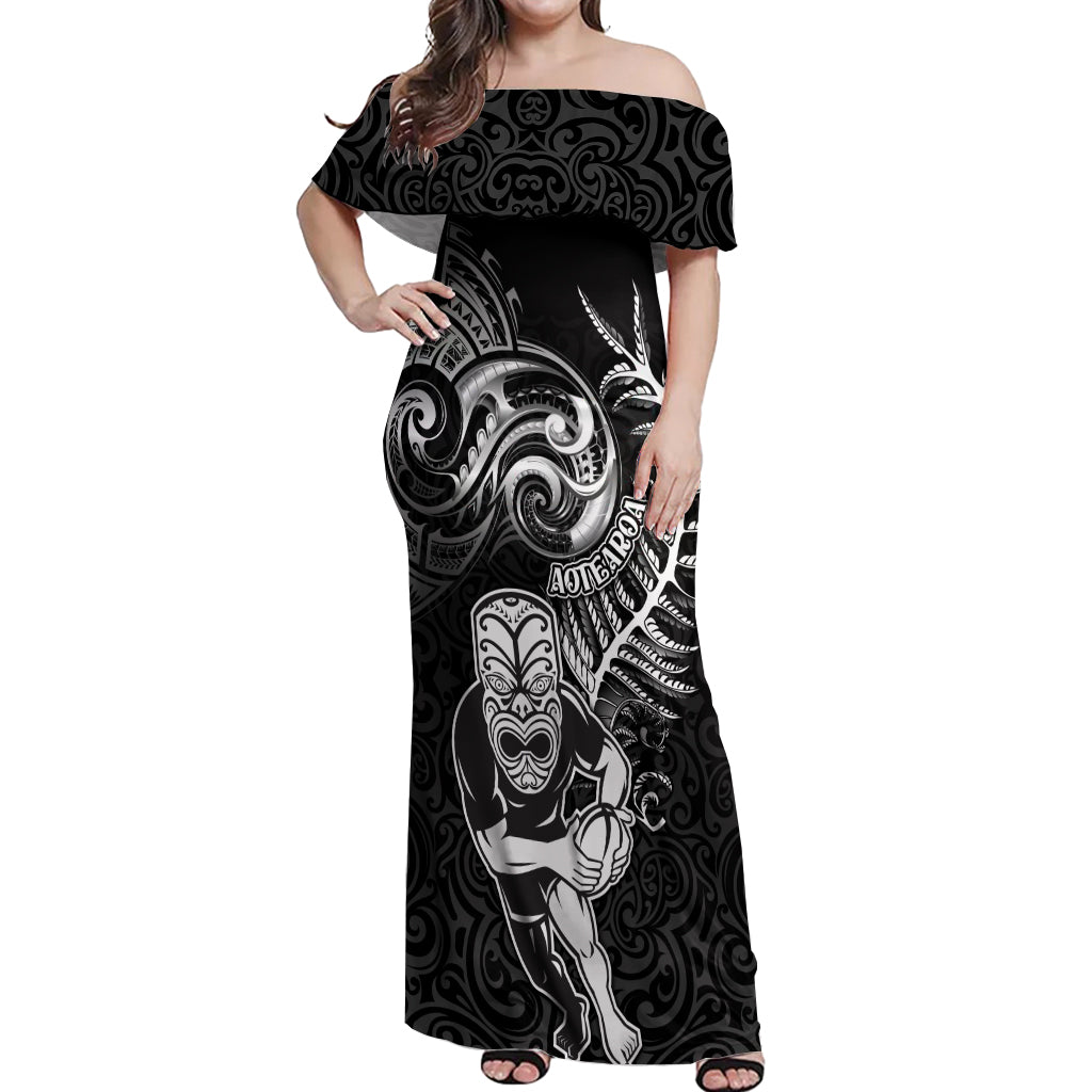 New Zealand Rugby Off Shoulder Maxi Dress Maori Warrior Rugby with Silver Fern Sleeve Tribal Ethnic Style LT03 Women Black - Polynesian Pride